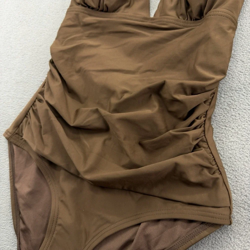 DKNY Women's Triangle Halter Neck One Piece Swimsuit With Tummy Control XS Brown - Picture 3 of 13